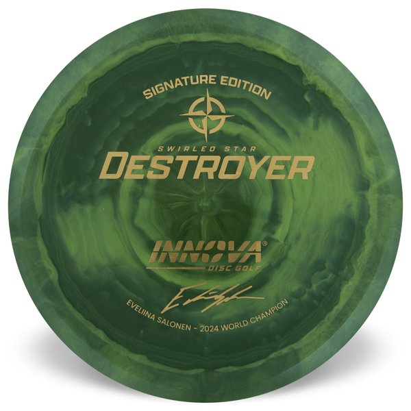 Innova Disc Golf Canada Eveliina Salonen 2024 World Champion Signature Edition Swirly Star Destroyer Innova Disc Golf Canada Star Destroyer Distance Driver Distance Driver Slick Finish Versatile Colors Great Durability and grip Overstable Impact Resistant Improved Glide Flexible in cooler conditions Great for distance and control Maintains stability over time Comfortable for grip