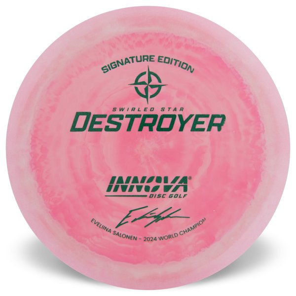 Innova Disc Golf Canada Eveliina Salonen 2024 World Champion Signature Edition Swirly Star Destroyer Innova Disc Golf Canada Star Destroyer Distance Driver Distance Driver Slick Finish Versatile Colors Great Durability and grip Overstable Impact Resistant Improved Glide Flexible in cooler conditions Great for distance and control Maintains stability over time Comfortable for grip