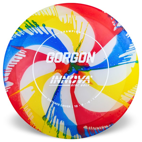 Champion INNOVA DISC GOLF CANADA Gorgon Distance Driver Firm grip High durability Stable flight path Premium pricing Resistant to scratches Ideal for advanced players 10 / 6 / -2 / 1 Most Durable Dyed Vibrant Colours