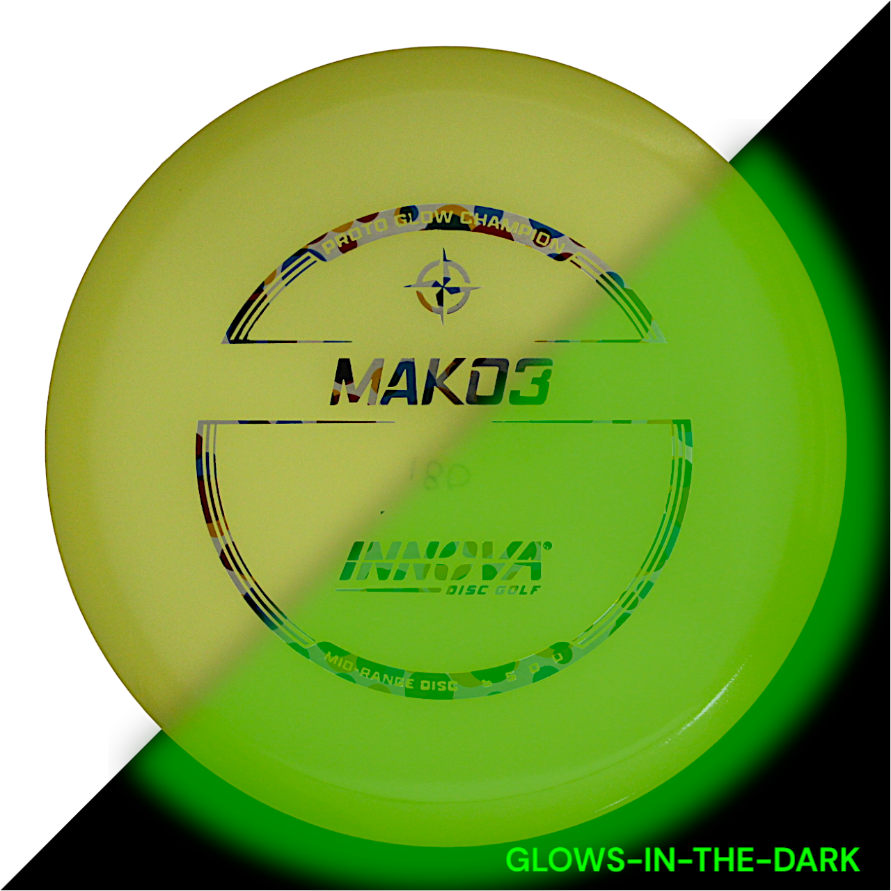 Innova Disc Golf Canada Proto Glow Champion Mako3 midrange Innova Disc Golf Canada Proto Glow Champion Mako3 midrange Innova Disc Golf Canada Champion Mako3 Midrange	Flexible	Premium feel	Ideal for Controlled Shots	Straight Shooter	Reliable Fade	Great Glide No fade No turn Beginner Friendly
Glows in dark 