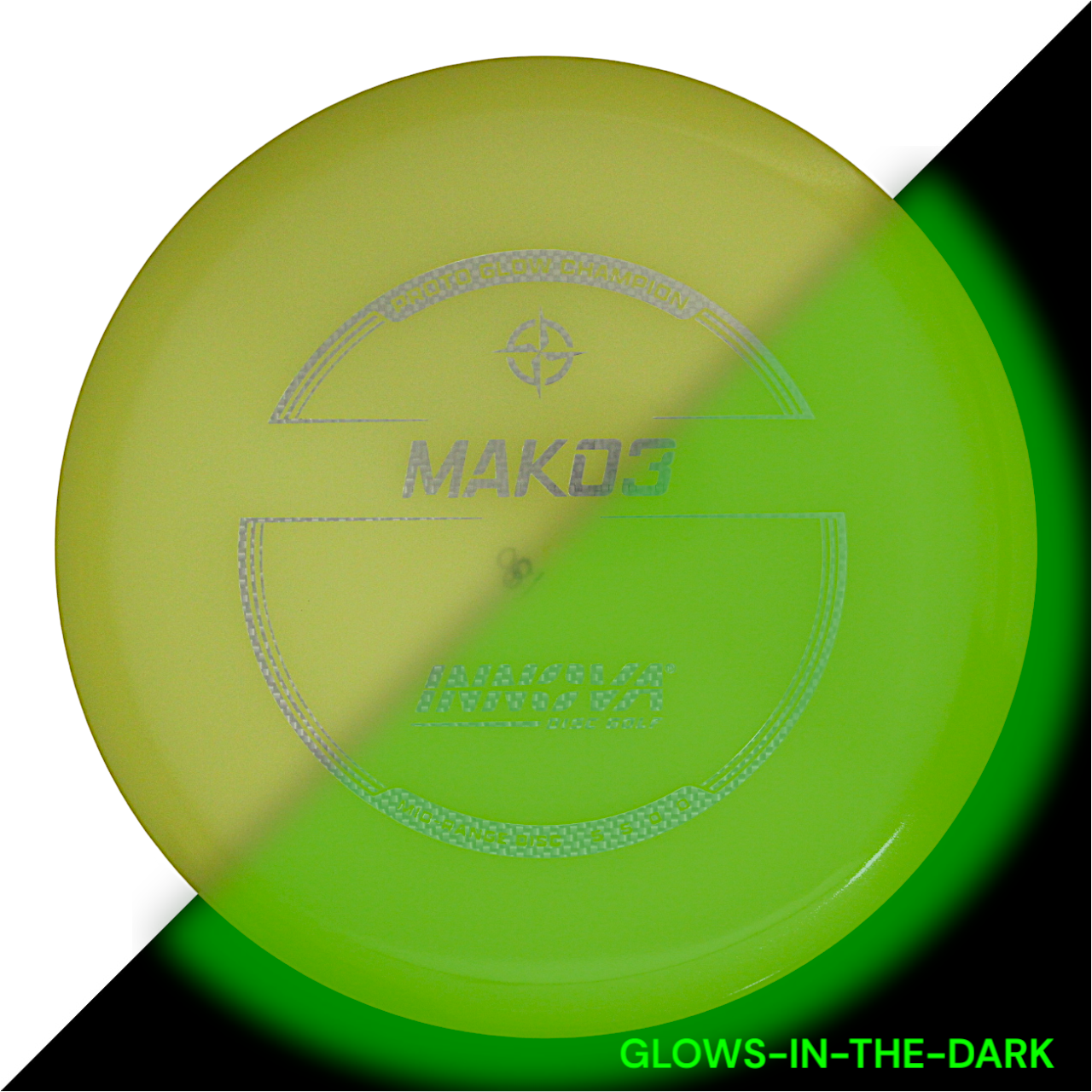 Innova Disc Golf Canada Proto Glow Champion Mako3 midrange Innova Disc Golf Canada Proto Glow Champion Mako3 midrange Innova Disc Golf Canada Champion Mako3 Midrange	Flexible	Premium feel	Ideal for Controlled Shots	Straight Shooter	Reliable Fade	Great Glide No fade No turn Beginner Friendly
Glows in dark 