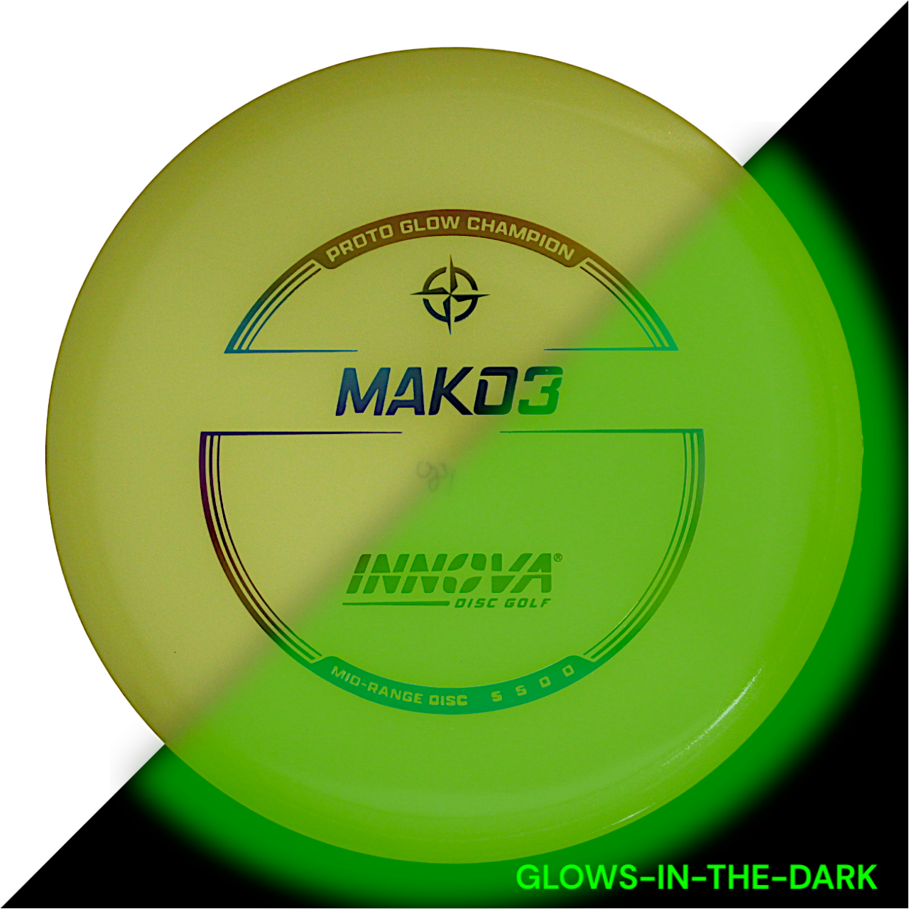 Innova Disc Golf Canada Proto Glow Champion Mako3 midrange Innova Disc Golf Canada Proto Glow Champion Mako3 midrange Innova Disc Golf Canada Champion Mako3 Midrange	Flexible	Premium feel	Ideal for Controlled Shots	Straight Shooter	Reliable Fade	Great Glide No fade No turn Beginner Friendly
Glows in dark 