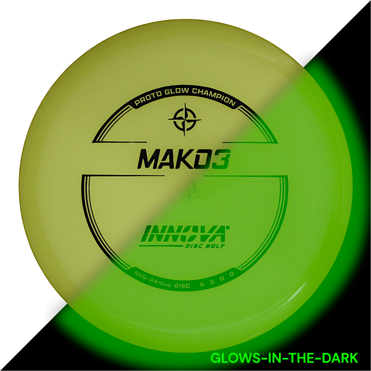 Innova Disc Golf Canada Proto Glow Champion Mako3 midrange Innova Disc Golf Canada Proto Glow Champion Mako3 midrange Innova Disc Golf Canada Champion Mako3 Midrange	Flexible	Premium feel	Ideal for Controlled Shots	Straight Shooter	Reliable Fade	Great Glide No fade No turn Beginner Friendly
Glows in dark 