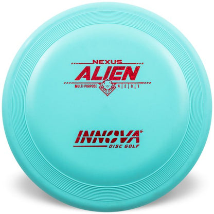 Innova Disc Golf Canada Nexus Alien INNOVA DISC GOLF CANADA
DX
PUTT AND APPROACH
STABLE PUTTER
BC ONTARIO
BASE 
SPIN PUTTS
ONE DISC ROUNDS
Grippy feel	Good durability	Flexible in cooler conditions	Great for distance and control	Maintains stability over time	Comfortable for grip

